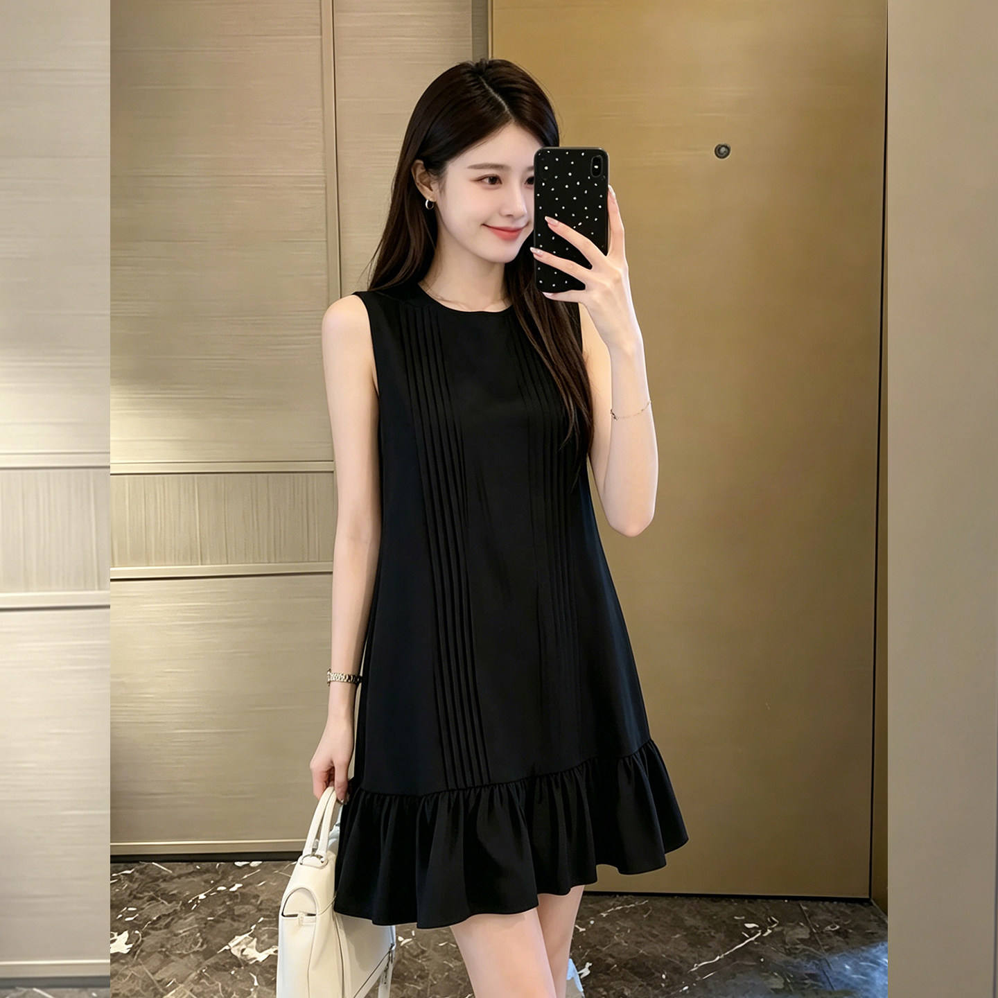 夏日蔷薇~黑色背心无袖连衣裙女图片