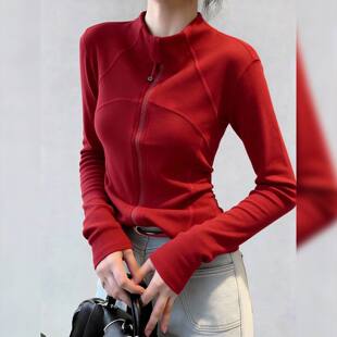 瑜伽女士~独特漂亮红色修身上衣2026新款女装春秋设计感拉链长袖