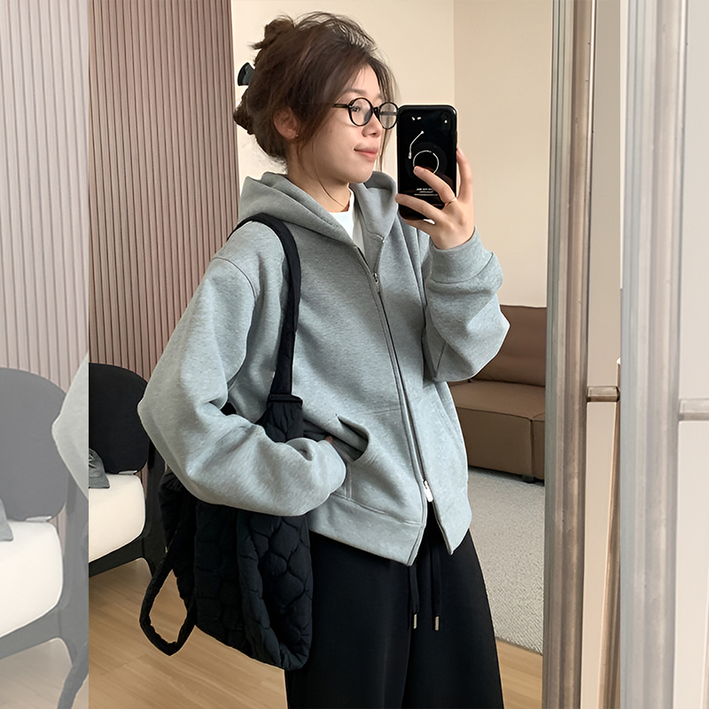 灰色长袖连帽卫衣厚外套女装