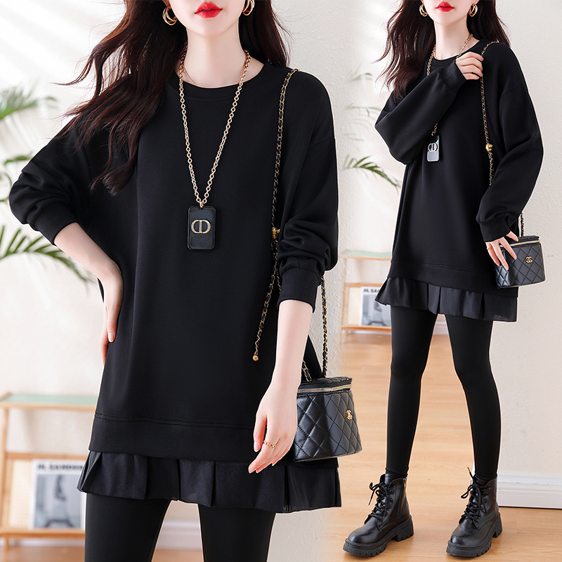 2025秋冬新款假两件卫衣女大码套头中长款宽松显瘦黑色打底衫上衣