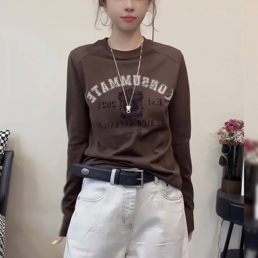 艺术点缀~设计感咖色字母印花内搭打底衫女2026秋季修身显瘦长袖,女装/女士精品,大码内搭,淘宝优惠券,粉丝福利购,淘宝优惠卷