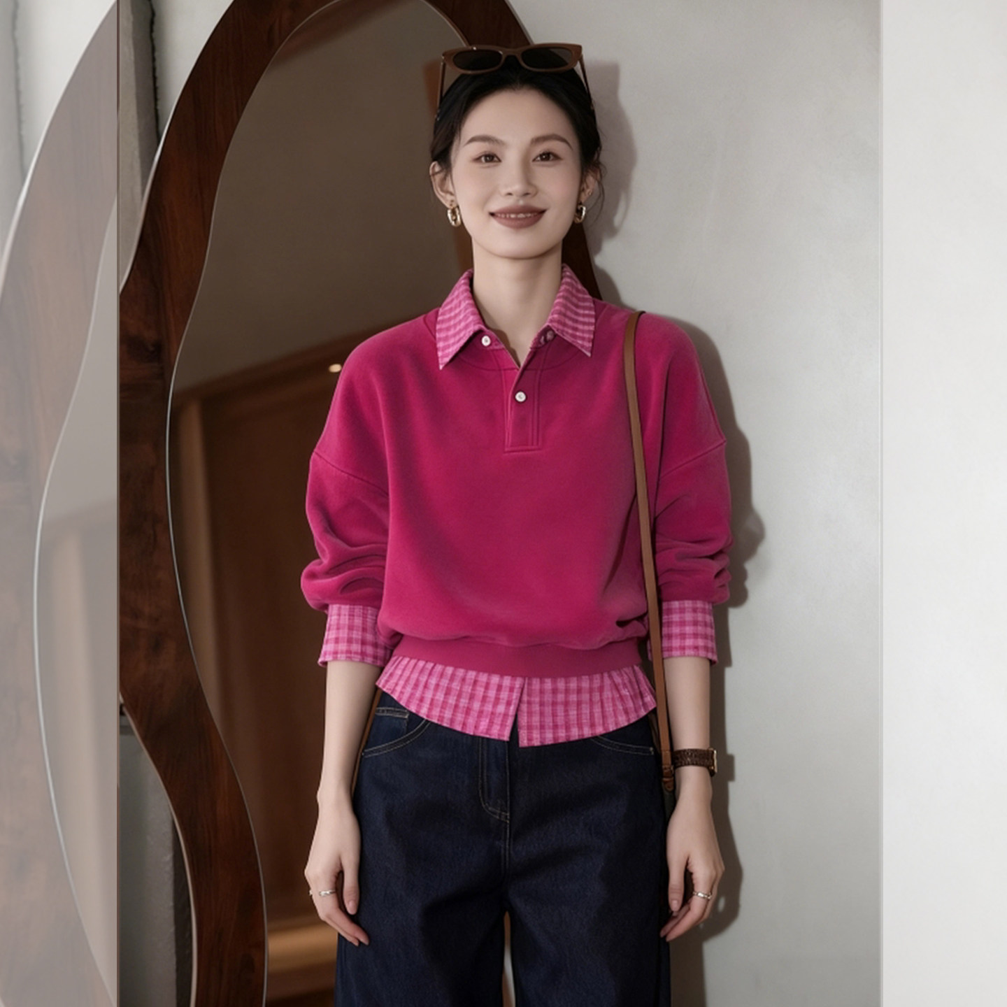 玫粉温语~玫红色Polo领假两件卫衣女设计感2026新款时尚减龄上衣,女装/女士精品,大码内搭,淘宝优惠券,粉丝福利购,淘宝优惠卷