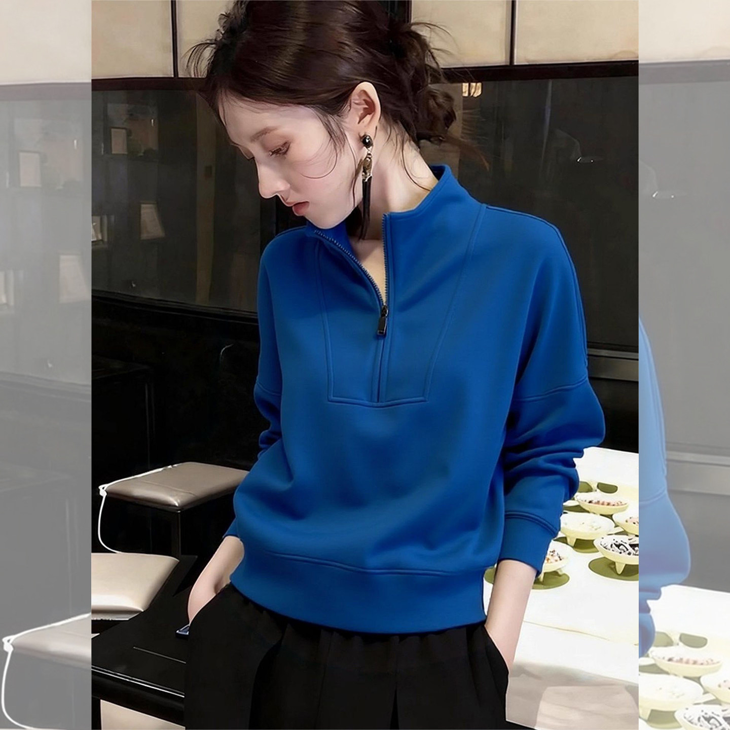 微醺朗姆~克莱因蓝立领半拉链内搭打底衫女2026新款休闲百搭卫衣,女装/女士精品,大码内搭,淘宝优惠券,粉丝福利购,淘宝优惠卷