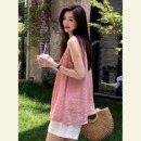 亚麻T恤 2025新款 夏日ootd穿搭独特漂亮 上衣松弛感衬衫 粉色无袖