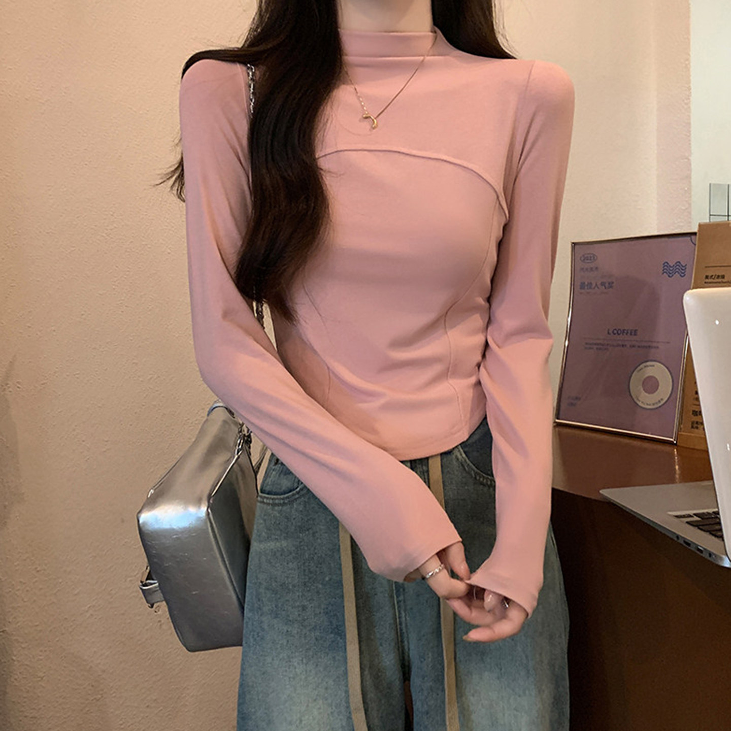 半高领粉色打底衫女2026春秋新款修身显瘦内搭长袖t恤短款上衣,女装/女士精品,大码内搭,淘宝优惠券,粉丝福利购,淘宝优惠卷