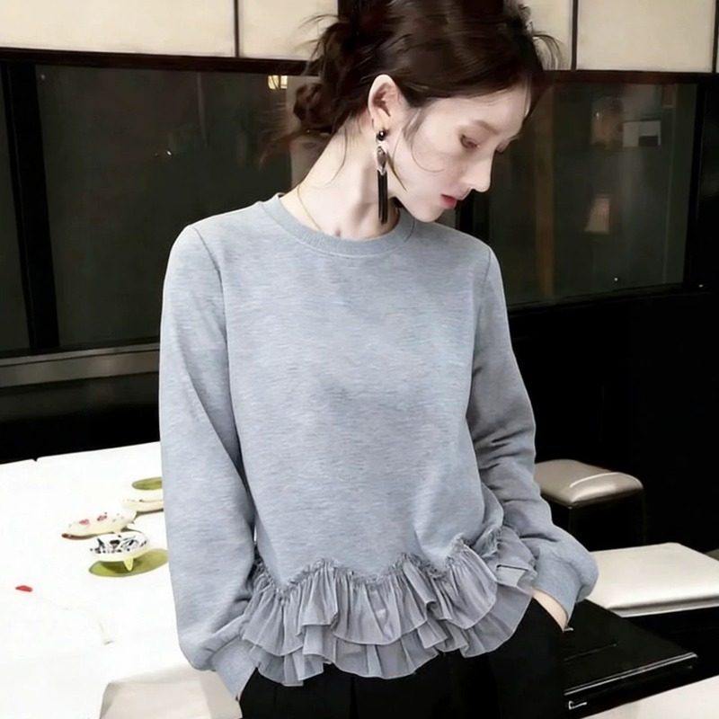 灰雾朦胧~荷叶边拼接灰色卫衣女秋冬宽松显瘦圆领时尚减龄上衣,女装/女士精品,大码内搭,淘宝优惠券,粉丝福利购,淘宝优惠卷