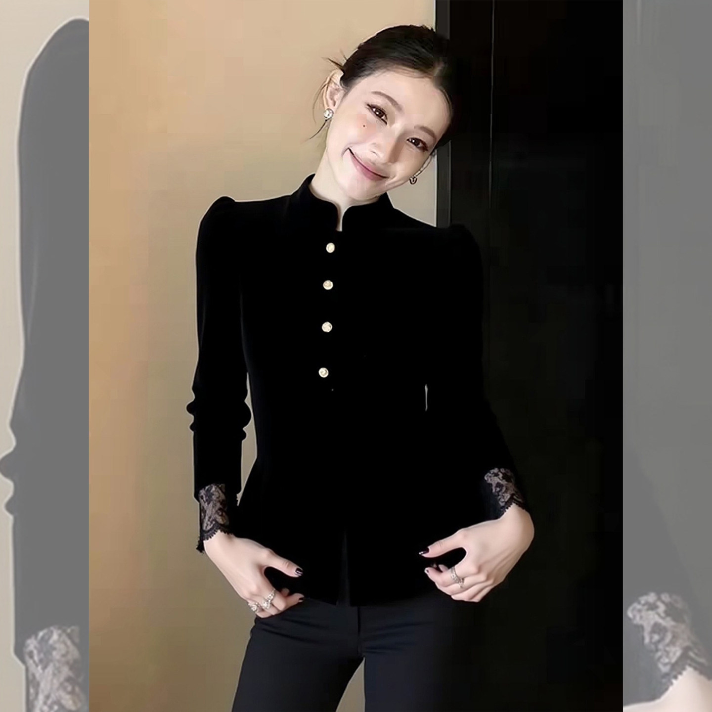 复古韵味~名媛风黑色丝绒小衫女立领蕾丝袖口收腰荷叶边衬衫上衣