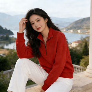 自带高光~高级半拉链红色卫衣女款2026新款宽松通勤百搭立领上衣