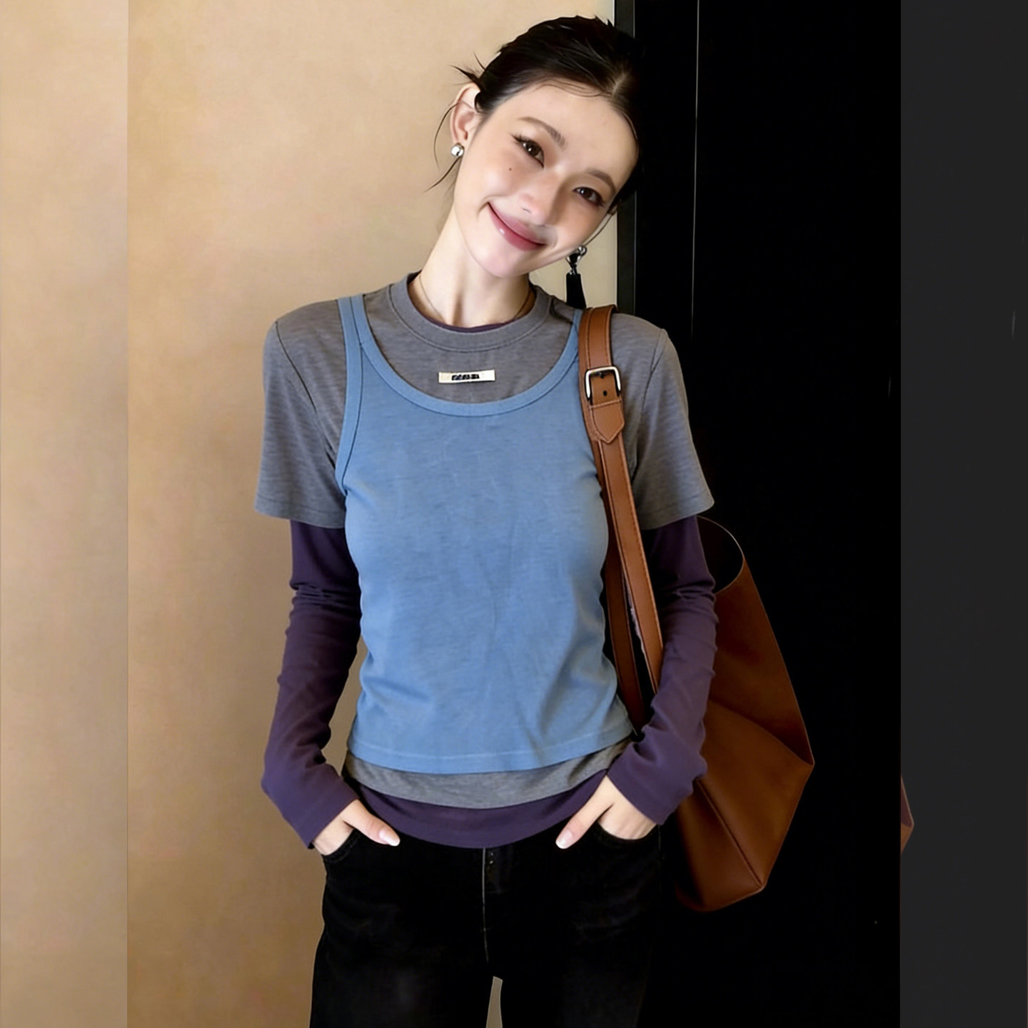 浅春撞色~韩系松弛感假两件长袖T恤女春季新款设计感气质显瘦上衣