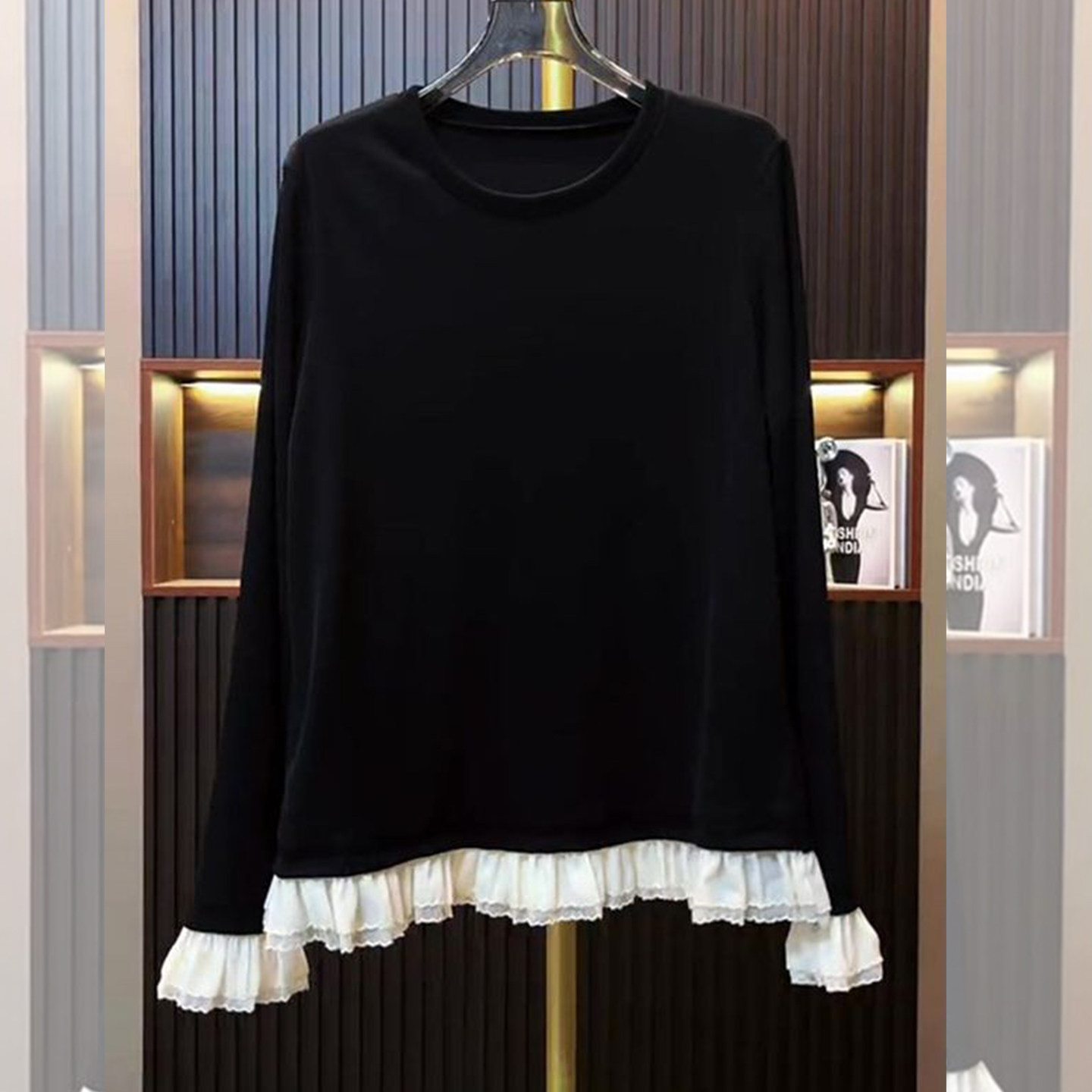 小梨寄曲~黑色蕾丝拼接内搭打底衫女2026秋季设计感宽松显瘦上衣,女装/女士精品,大码内搭,淘宝优惠券,粉丝福利购,淘宝优惠卷