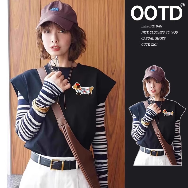 独特超好看马甲条纹t恤上衣