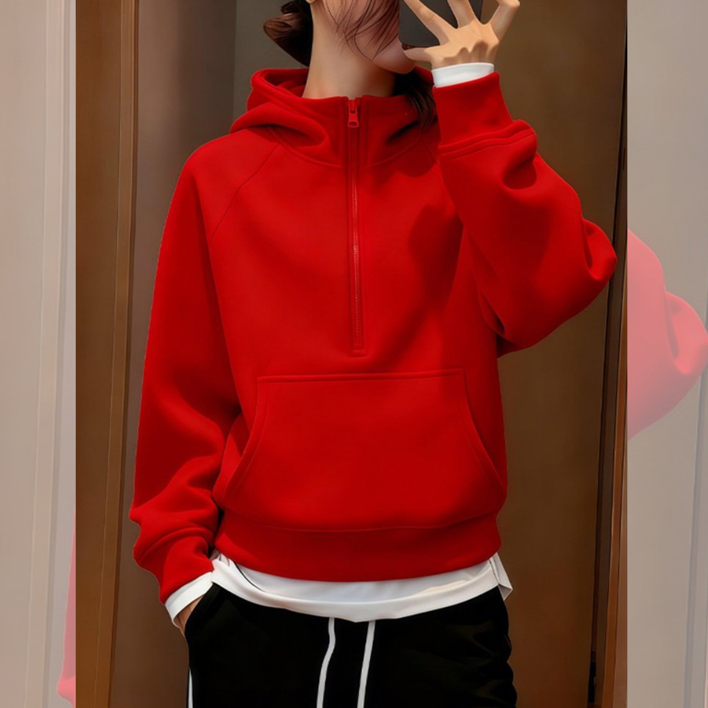 红乔花月~韩系高级感宽松显瘦短款外套女秋季红色半拉链连帽卫衣