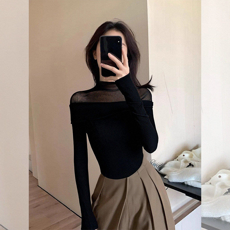 轻熟御姐~网纱拼接黑色打底衣女内搭高级感小心机一字肩修身上衣,女装/女士精品,大码内搭,淘宝优惠券,粉丝福利购,淘宝优惠卷