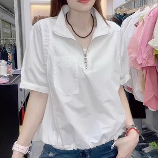 上衣2025年夏裝 襯衫 純色短袖 洋氣娃娃衫 襯衣女寬松遮肚子短款 爆款