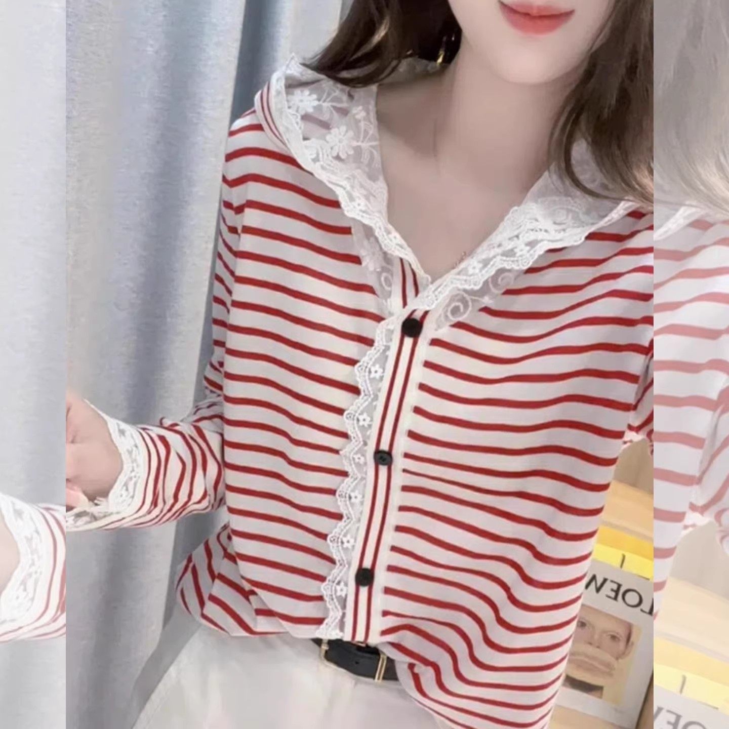 温婉知性~红色条纹连帽蕾丝长袖上衣女春秋季设计感小众甜美上衣,女装/女士精品,时尚抓绒衣,淘宝优惠券,粉丝福利购,淘宝优惠卷