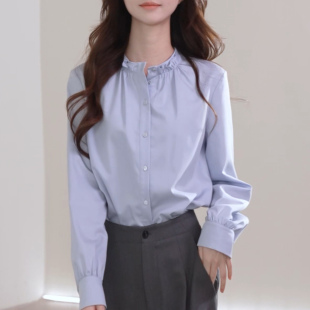 高级感浅蓝色长袖 通勤风显瘦气质小衫 衬衫 秋季 上衣 女2025新款 法式