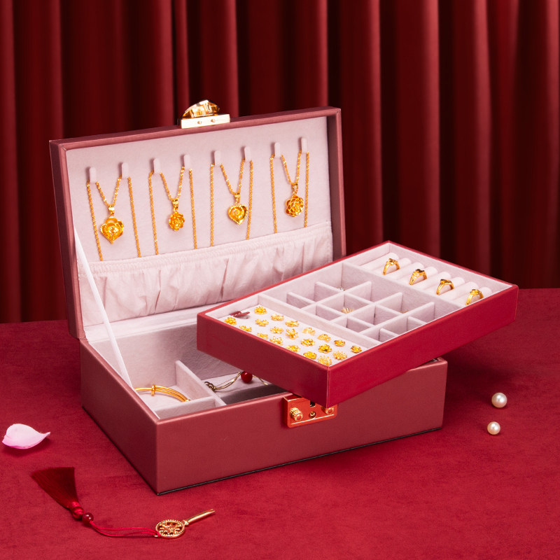 高端皮质首饰盒精致项链戒指耳环欧式饰品生日礼物带锁收纳盒高档