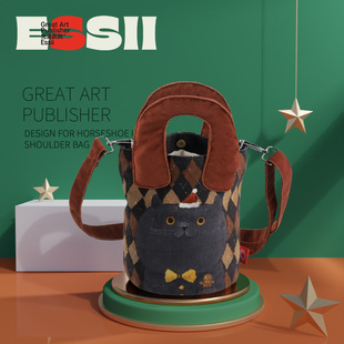 2024 休闲卡通英菱格纹猫咪印花手拎斜挎单肩水桶包女新款 完美款 款