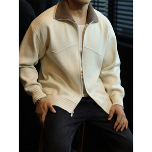 简素Design毛衣男外套撞色翻领针织夹克宽松休闲加厚拉链开衫 秋冬