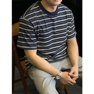 春夏季 简素Design日系亲肤复古条纹宽松短袖 T恤男简约休闲打底衫