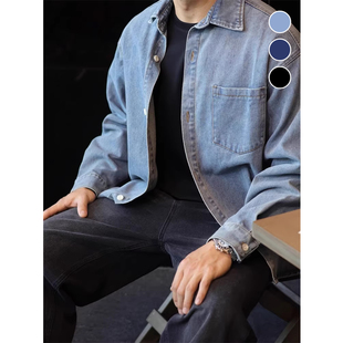 宽松休闲长袖 夹克男美式 外套秋 衬衫 简素Design莱赛尔复古牛仔薄款