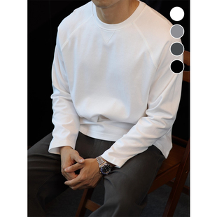 简素Design日系斜纹棉插肩长袖 男复古重磅休闲纯色上衣春秋 T恤衫