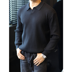 简素Design毛衣男复古坑条纹商务针织polo衫 春秋 休闲通勤翻领长袖