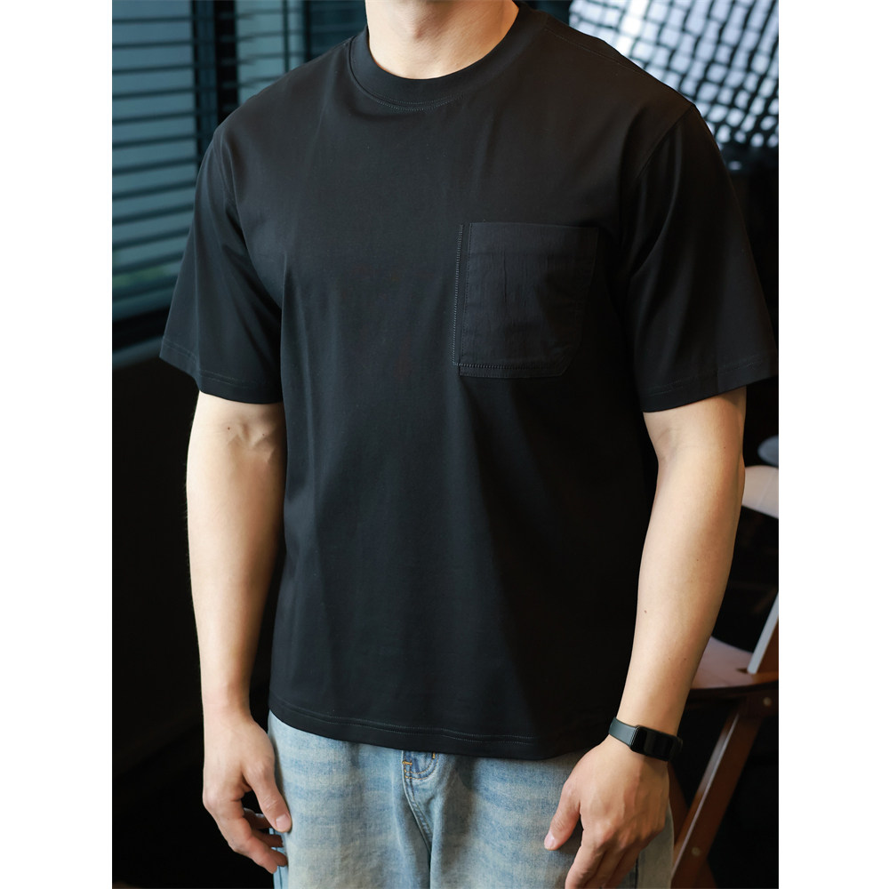 简素Design侧口袋简约拼色圆领短袖T恤男宽松休闲通勤上衣春夏季