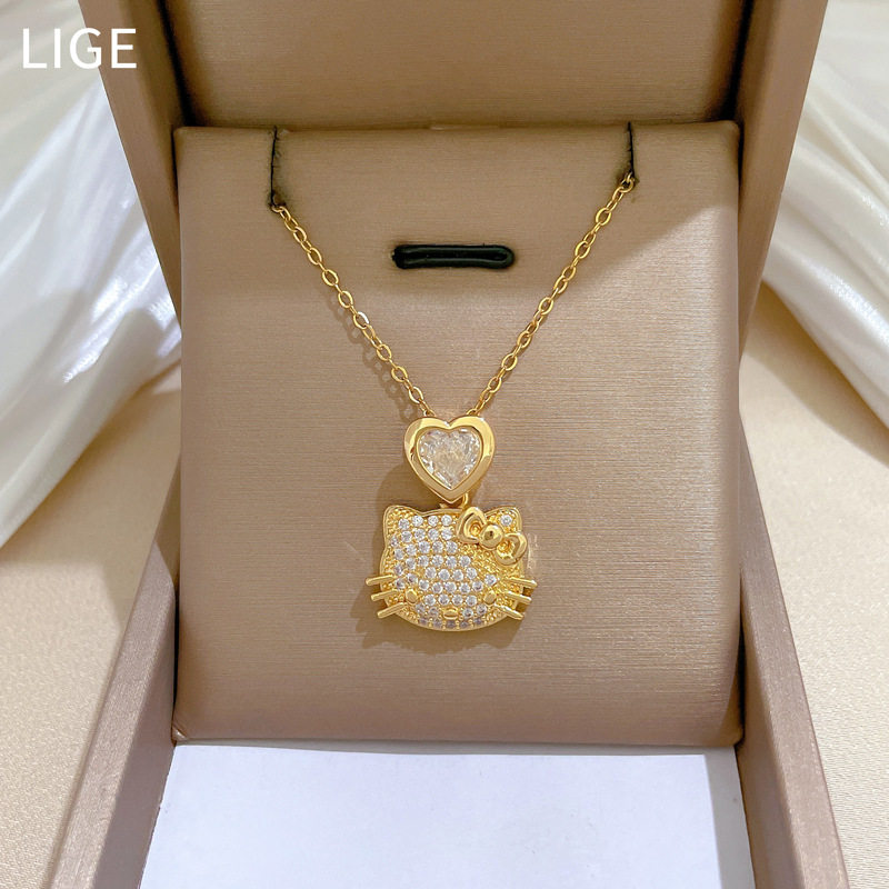 【钛钢】爱心猫咪重工轻奢气质华丽满钻项链女百搭锁骨链钛钢链条图片