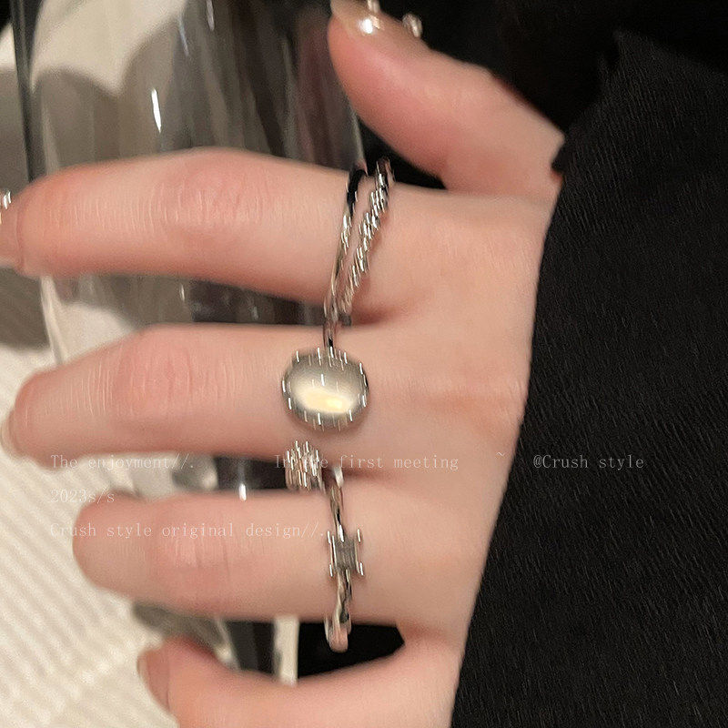 精致月光石锆石叠戴戒指女款轻奢小众高级感指环开口可调节食指戒
