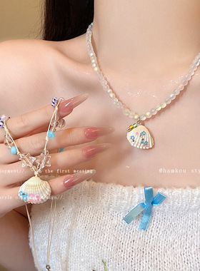 海星贝壳珍珠彩色串珠项链女海边度假风锁骨链气质甜酷颈链配饰品