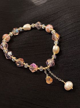 韩国东大门淡水珍珠粉色水晶石夏日可爱手链招桃花粉水串珍珠手串