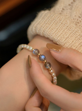 米粒淡水珍珠弹力线手链可调节灰色月光石手链送闺蜜串珠生日礼物