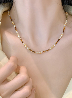 美拉德虎眼石米粒贝壳项链女夏季小众气质网红贝母虎眼石串珠项链