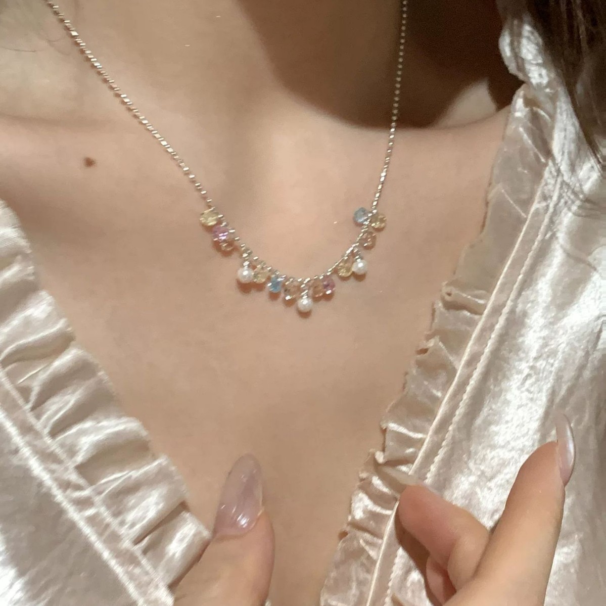 波光彩钻珍珠项链女温柔氛围感百搭项链 ins小众配饰网红同款批发