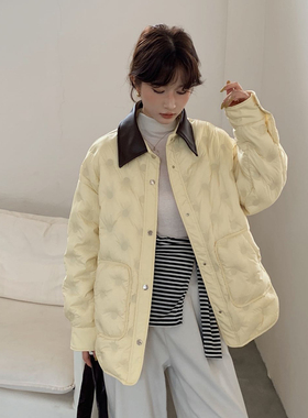 奶黄色轻薄白鸭绒羽绒服女冬季新款短款好看宽松拼接休闲翻领外套