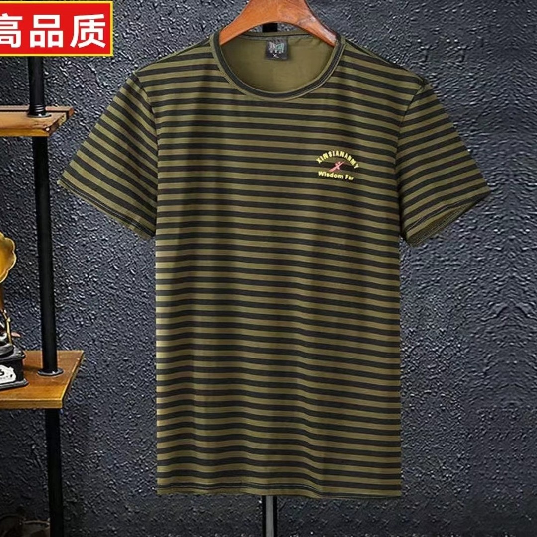 夏季薄款圆领短袖T恤条纹上衣纯棉弹力体恤百搭时尚潮流男女同款