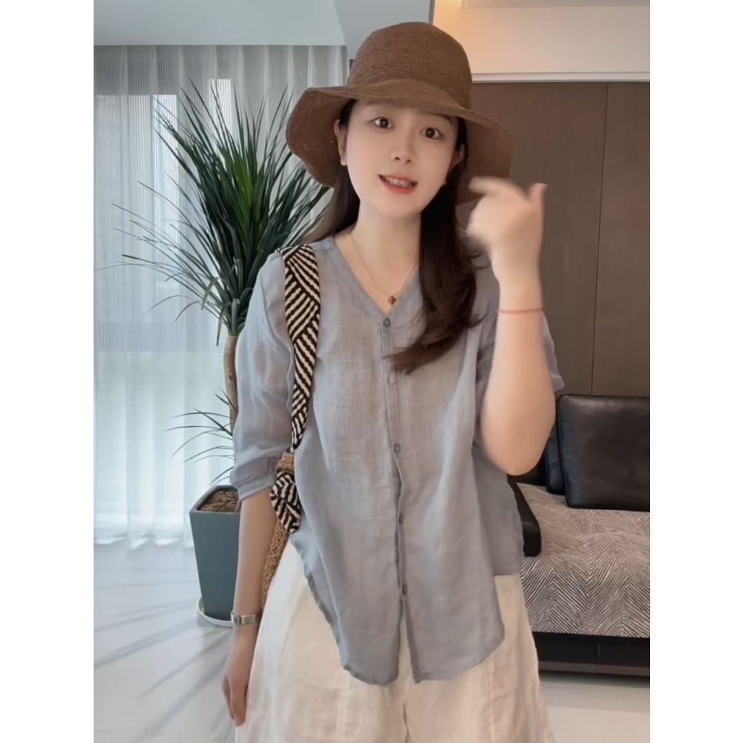【菲菲爱穿搭】100苎麻V领纯色衬衫夏季新款文艺百搭女士时尚气质