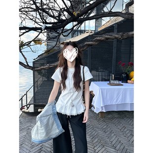 T恤女百搭显瘦圆领上衣春季 两色下摆蕾丝拼接短袖