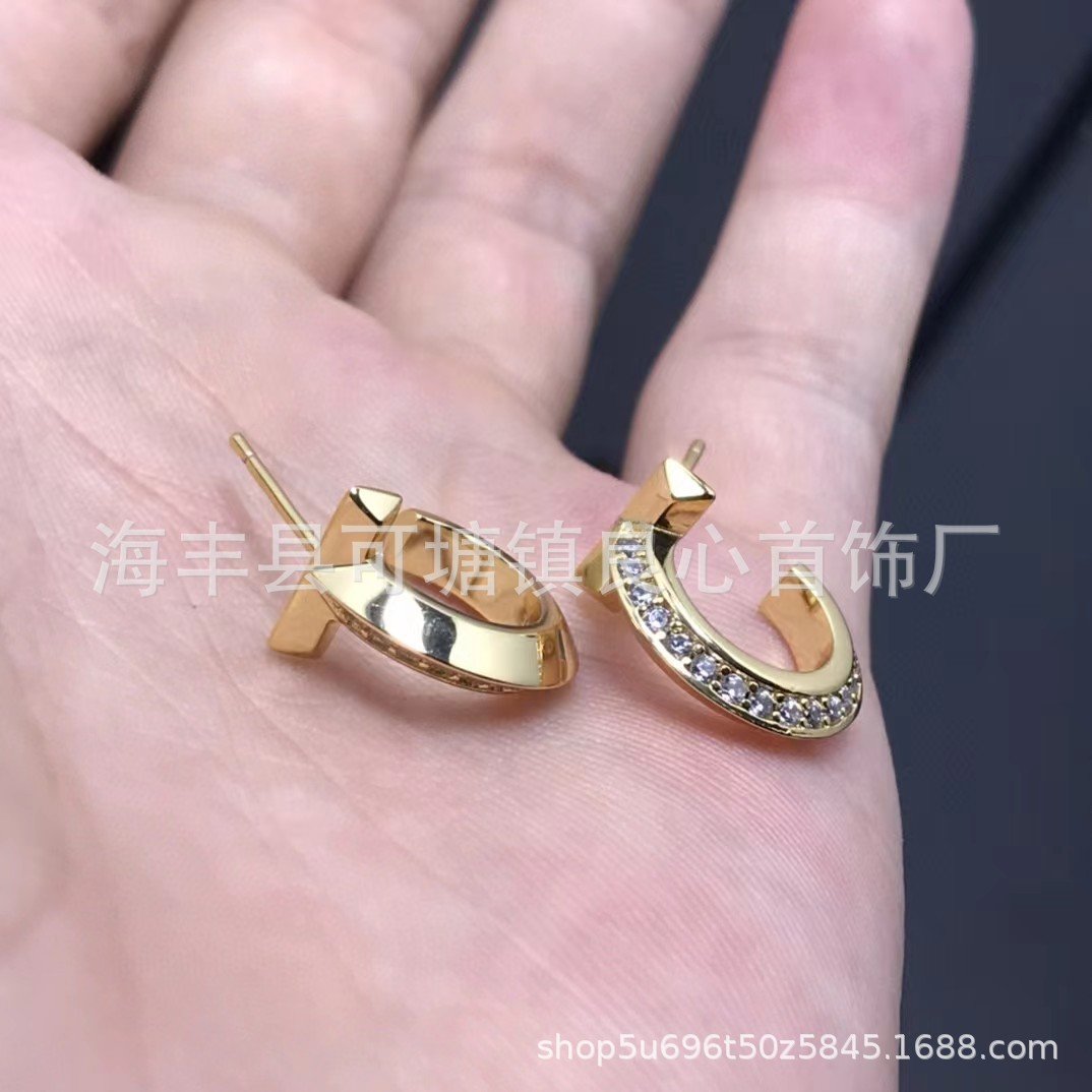 跨境时尚欧美风格T家精工T钻圆形耳环蒂家边钻半圆形耳环气质美女