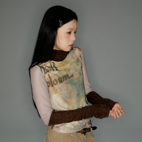 CONFUN23AW复古喷泉印花咖色拼接针织撞色网纱打底