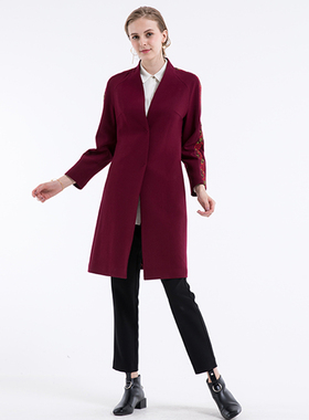 福芬秋冬新品女士中长款毛呢大衣绣花大衣DY-10638-1