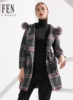 福芬2023秋冬季新款修身长袖连帽长款女士毛呢大衣FY-13189