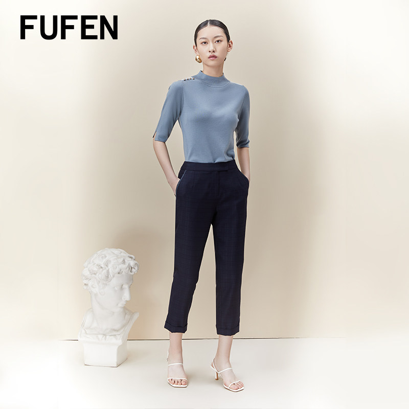 福芬女装2023流行裤子九分羊毛100%修身舒适休闲裤KZ-50326