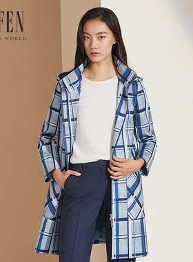 福芬春秋季新款风衣女拉链连帽简约百搭格子外套FY-14021