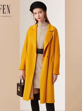 福芬2023秋冬新款女中长款羊毛双排扣毛呢大衣外套DY-13415