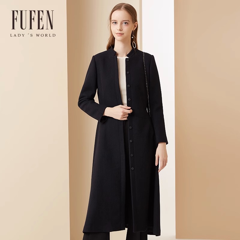 福芬秋冬新款女中长款羊毛单排扣毛呢大衣外套DY-13406