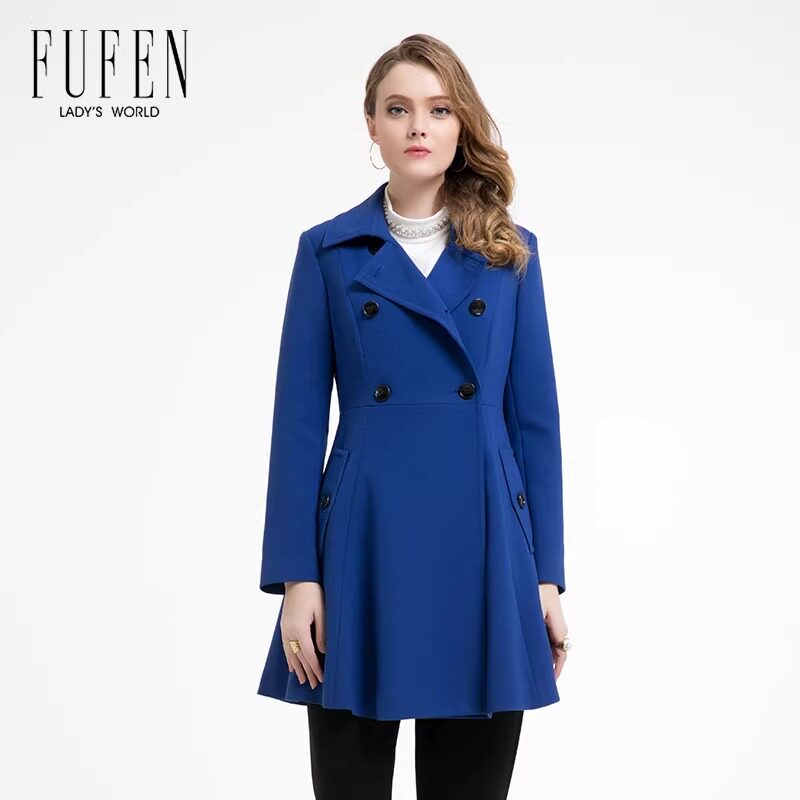 福芬秋冬新款女式宝石蓝修身风衣外套D-8490