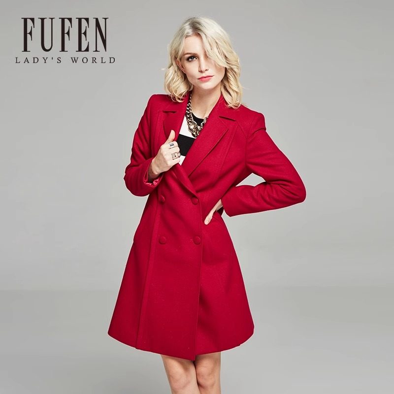 福芬秋冬新款双排扣收腰显瘦风衣中长款毛呢外套D-8398