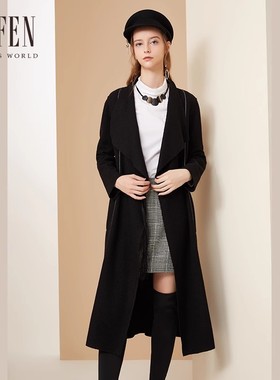 福芬秋季新款女士长款一粒扣翻领纯色气质风衣外套FY-12318
